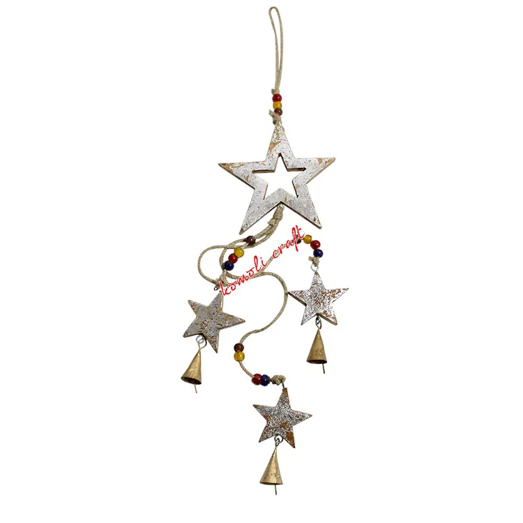 Wholesale Indian Best Handmade Wooden Stars String With Jute Hemp Rope Cow Bells And Vibrant Beads For Garden Outdoor Decoration