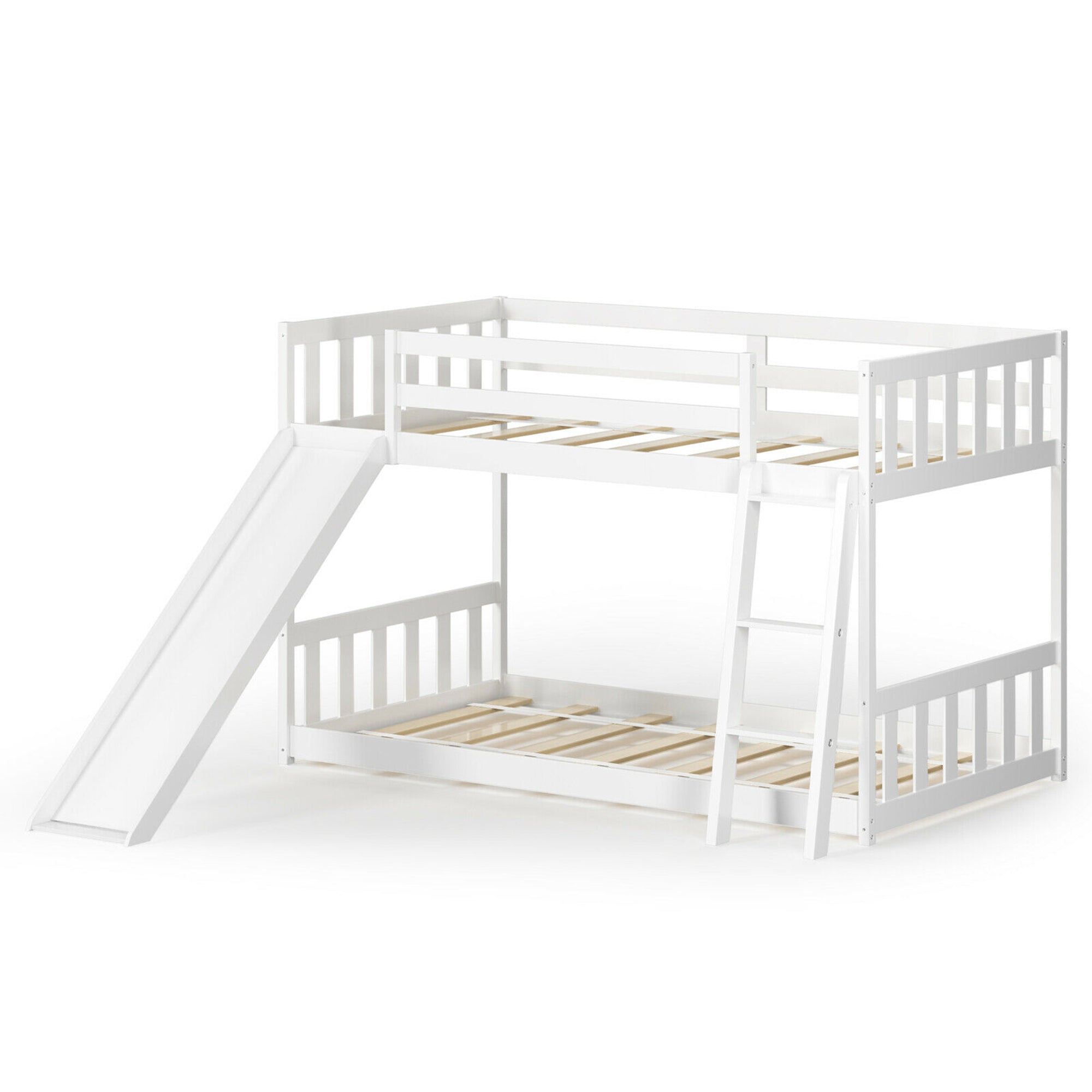 Gymax Twin over Twin Bunk Wooden Low Bed with Slide Ladder for Kids White