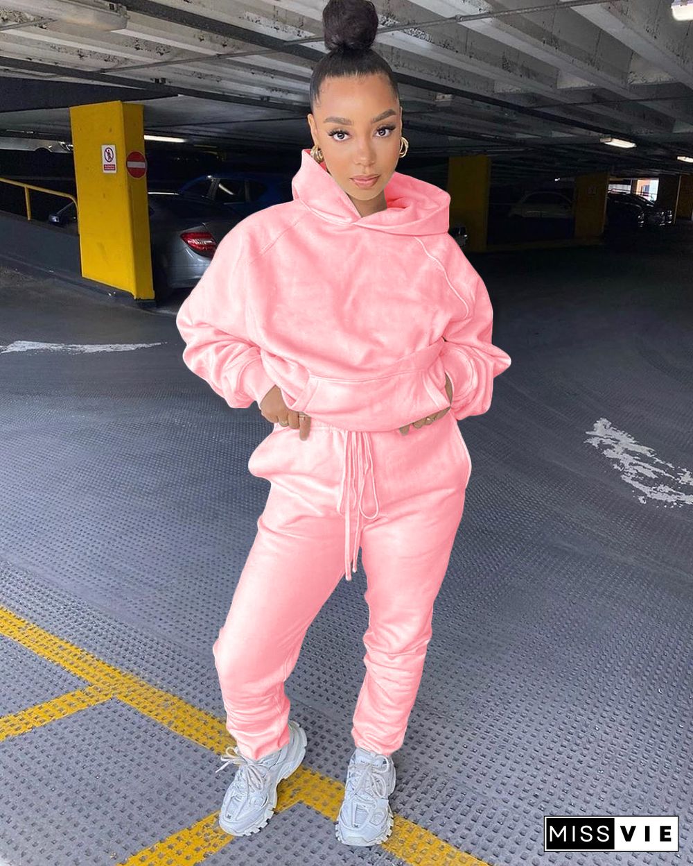 Solid Color Long Sleeve Hoodie Sweatpants Two-piece Set