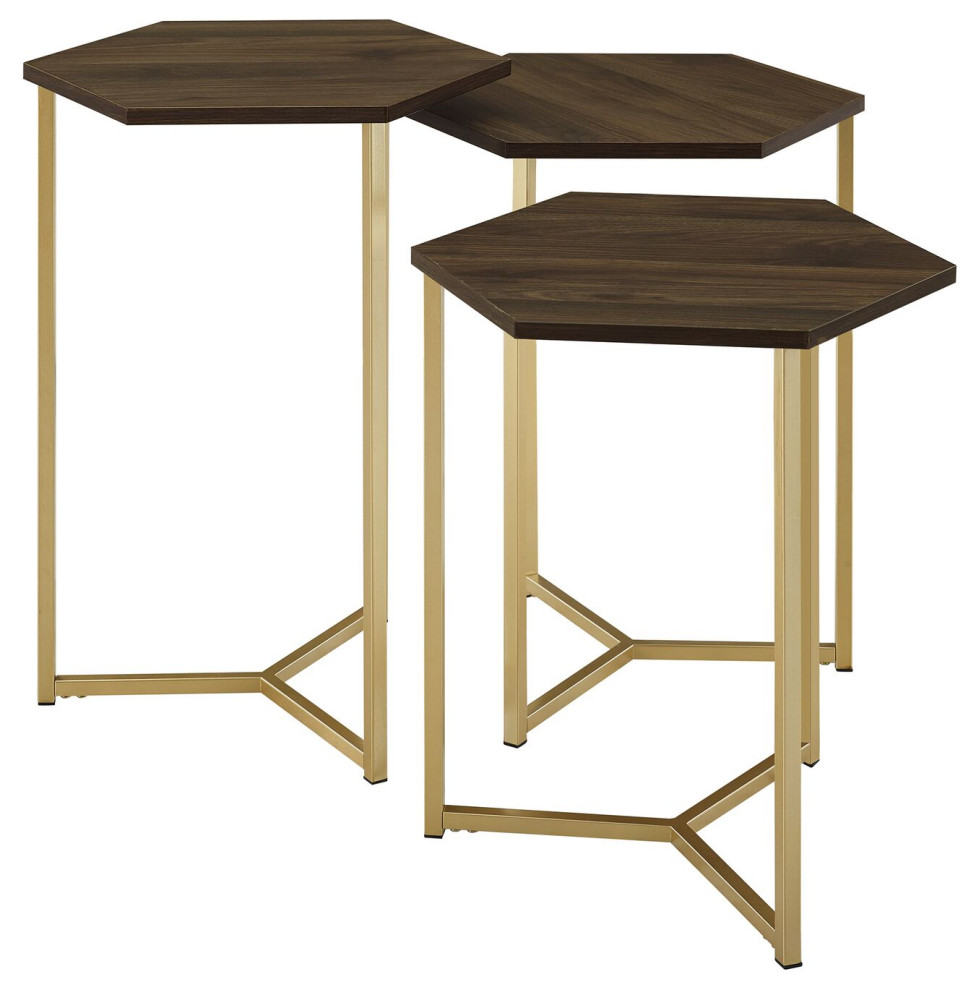 Hexagon Modern Wood Nesting Tables  Set of 3   Dark Walnut/Gold   Contemporary   Coffee Table Sets   by Morning Design Group  Inc  Houzz