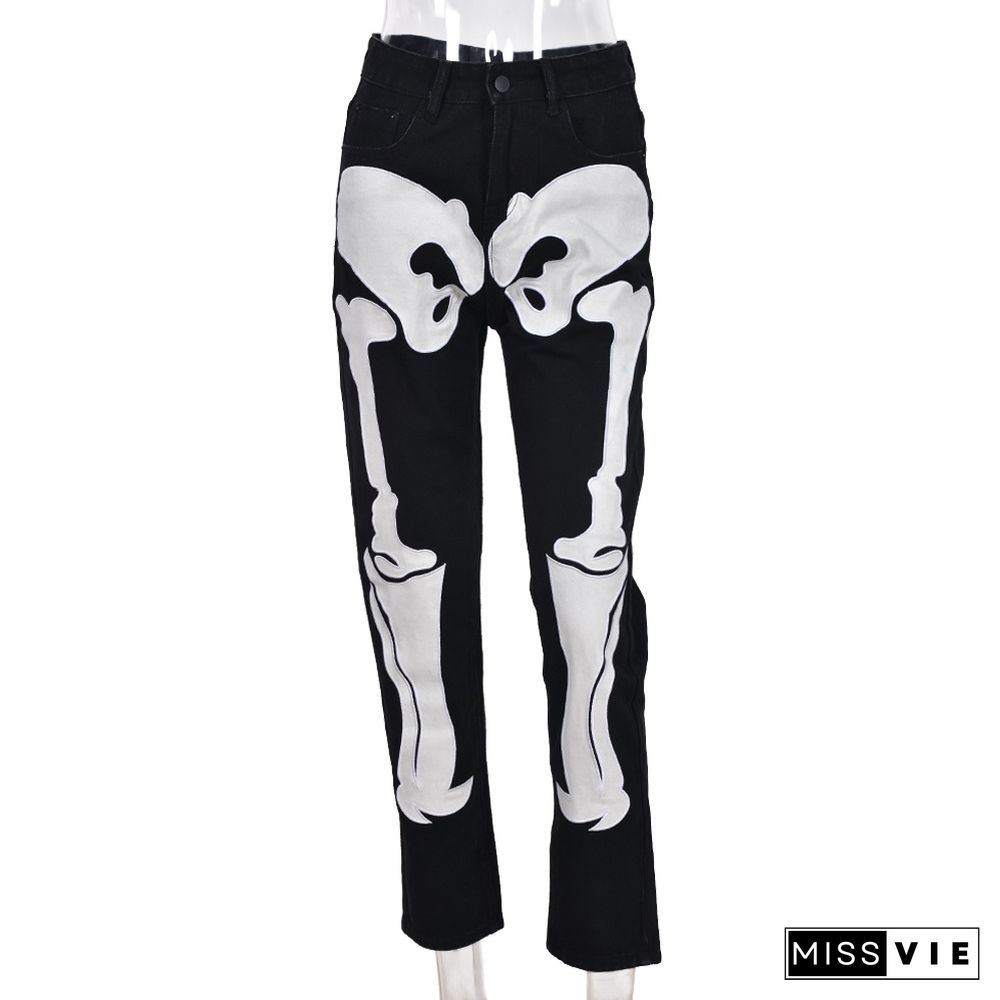 Gothic Skeleton Patterned Low Rise Jeans