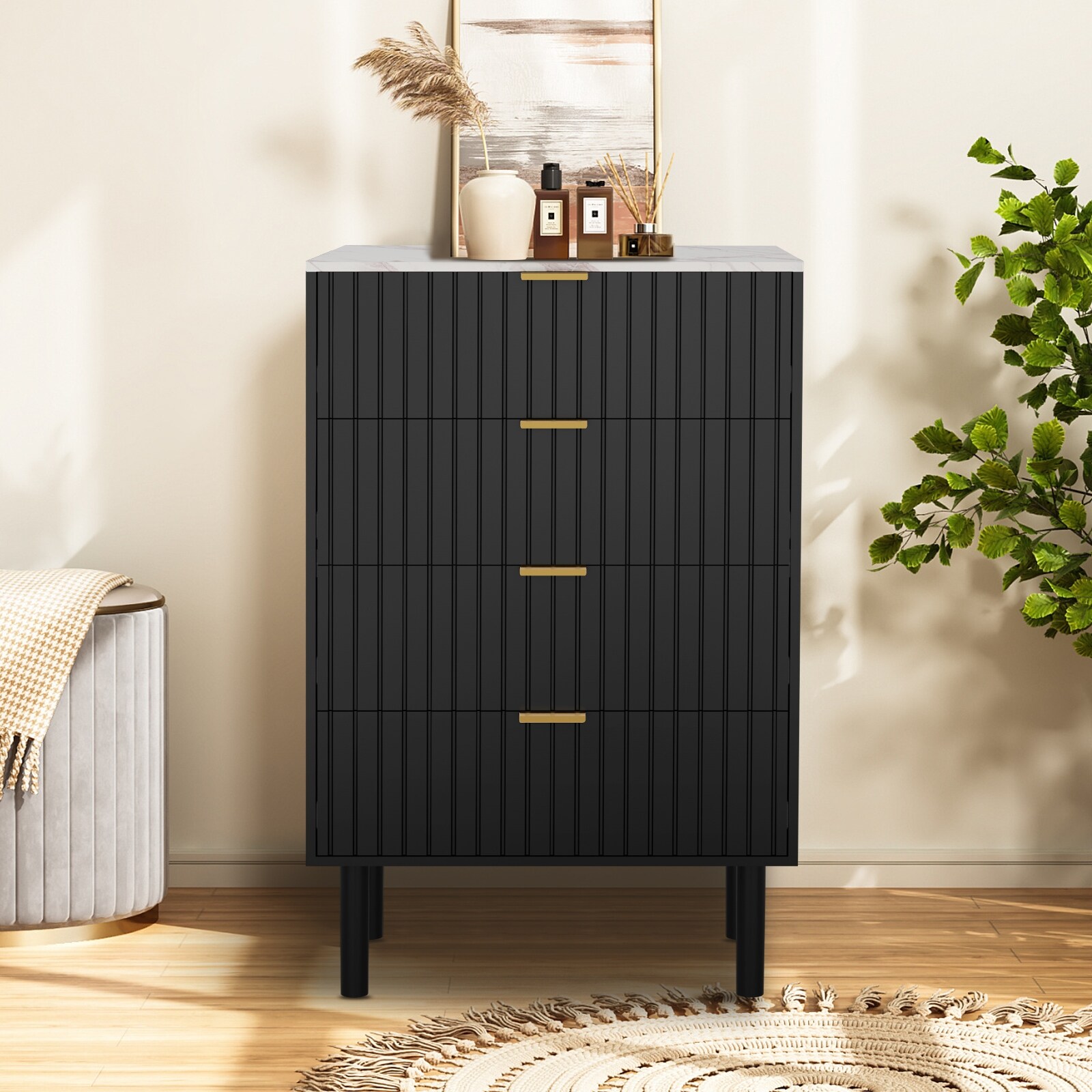 4 Drawers Chest Of Dresser Storage Imitation Marble Texture Tower Cabinet Bedroom Organizer - - 37353993