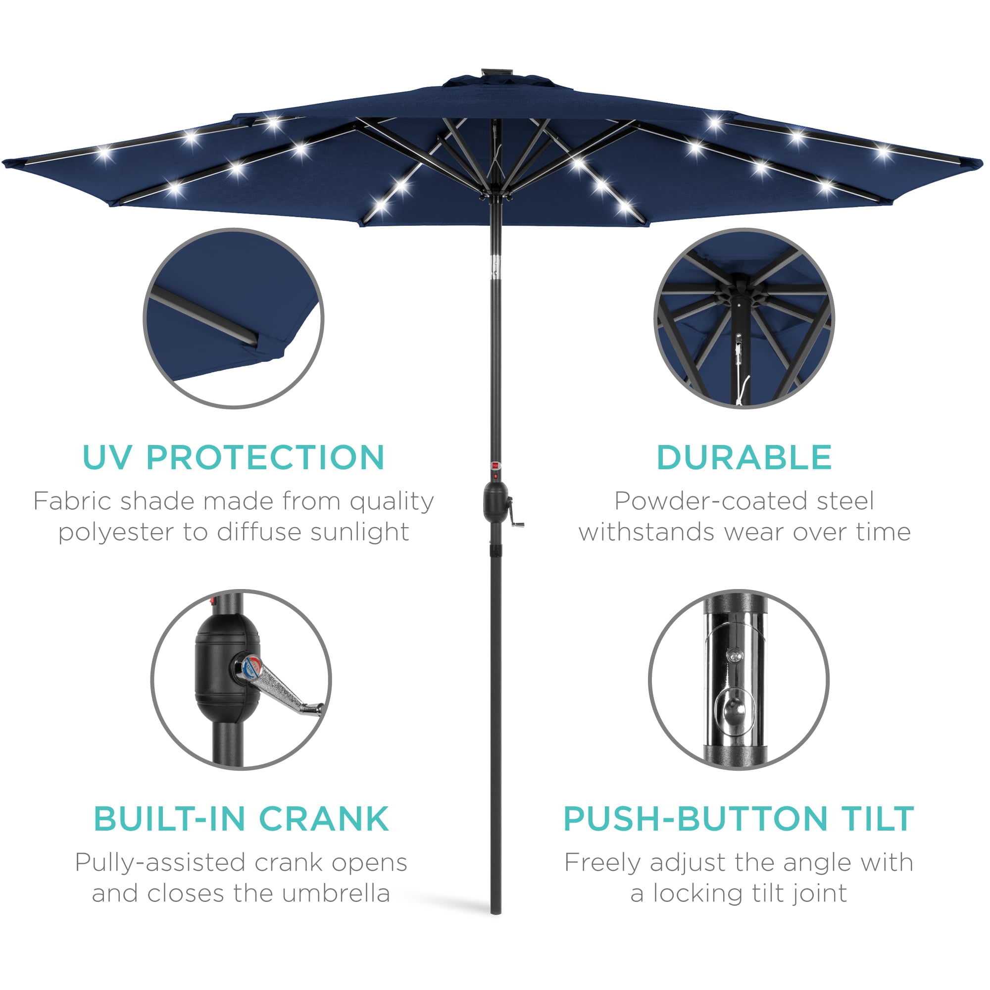 Best Choice Products 10ft Solar LED Lighted Patio Umbrella w/ Tilt Adjustment, UV-Resistant Fabric - Navy Blue