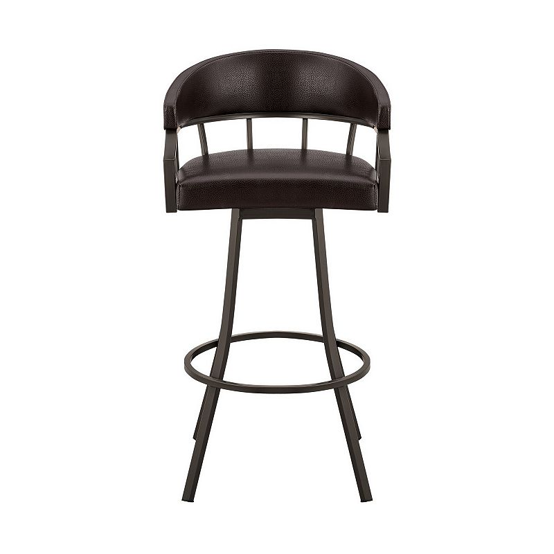 Mayla 30 Inch Swivel Bar Stool， Metal Flared Legs， Brown Faux Leather