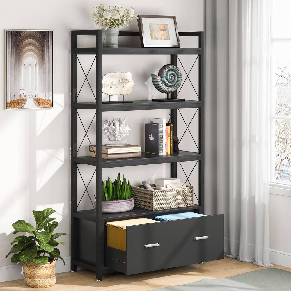 BYBLIGHT Atencio Black File Cabinet with Drawer and Open Storage Shelves Bookcase for Letter SizeA4 Size Lateral BB-C0646DT