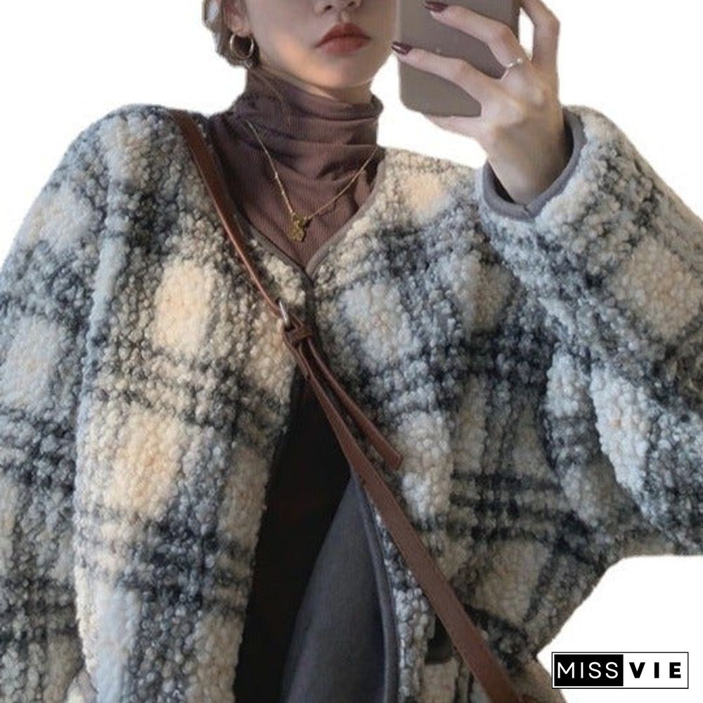 Thickened Warm Plaid Loose Personalized Long Sleeve Coat for Women