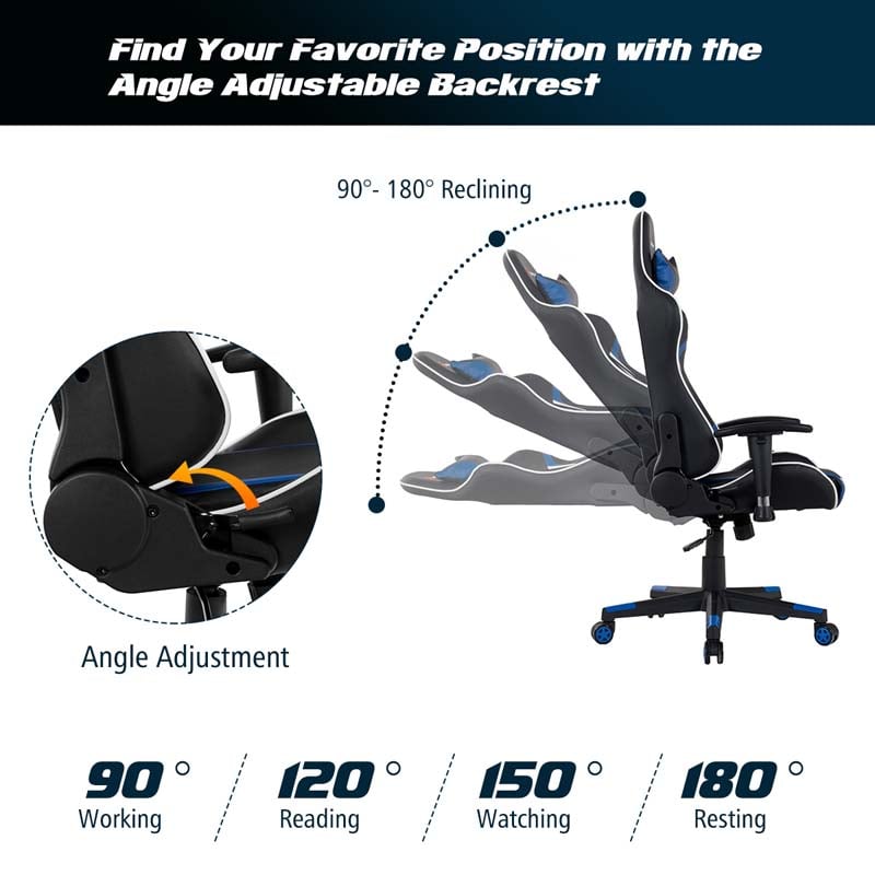 Ergonomic Swivel Massage Gaming Chair Recliner, E-Sport Gamer Racing Chair, Computer Office Chair with Headrest & Lumbar Support