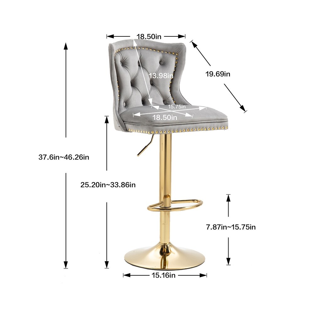 Velvet Upholstered Tufted Swivel Adjustable Height Bar Stools With Golden Footrest(set of 2)