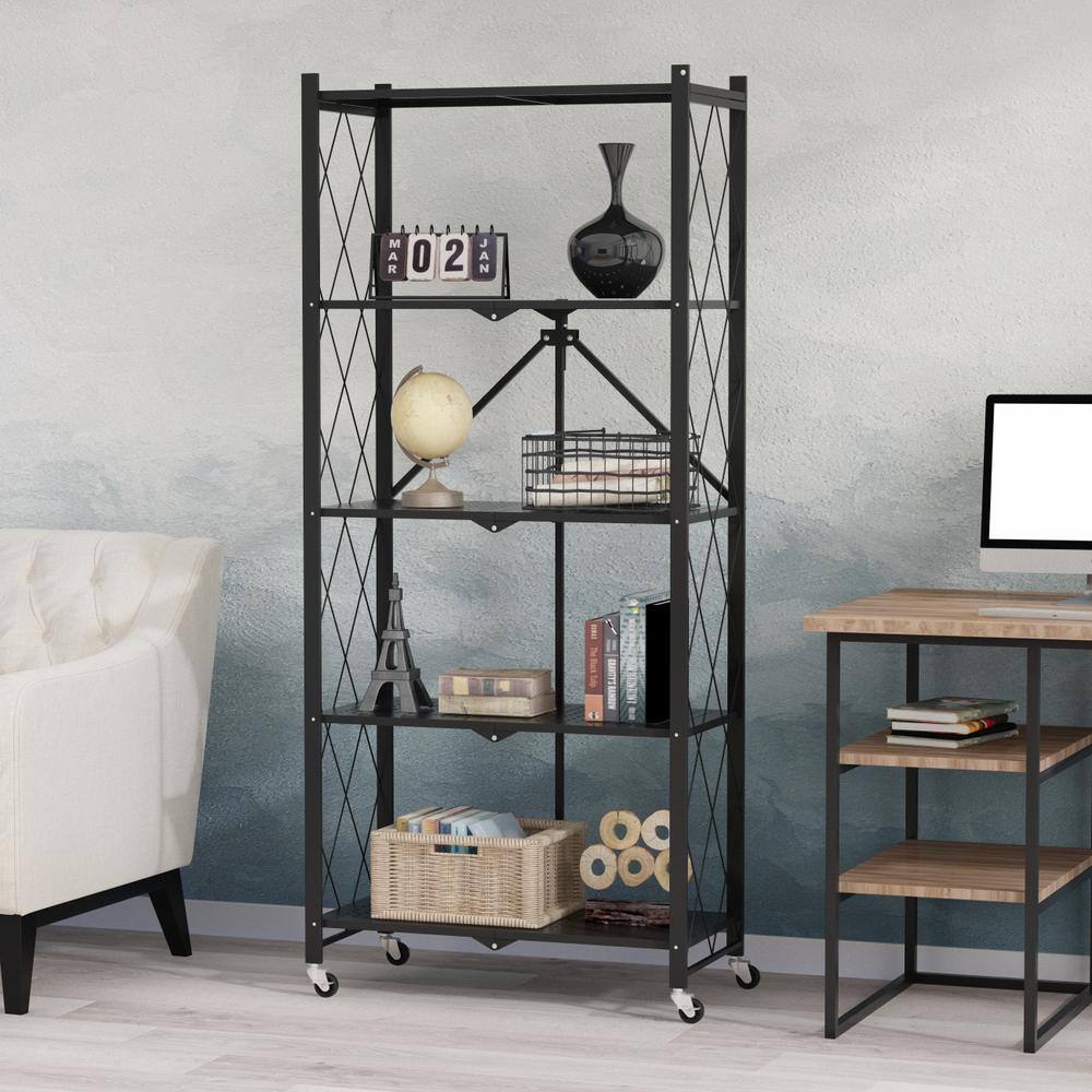 FUFUGAGA 64.3 in. H Black Metal 10-Shelf Freestanding Standard Bookcase Foldable Metal Shelf Shelving Unit With Wheels KF210019-02-xin