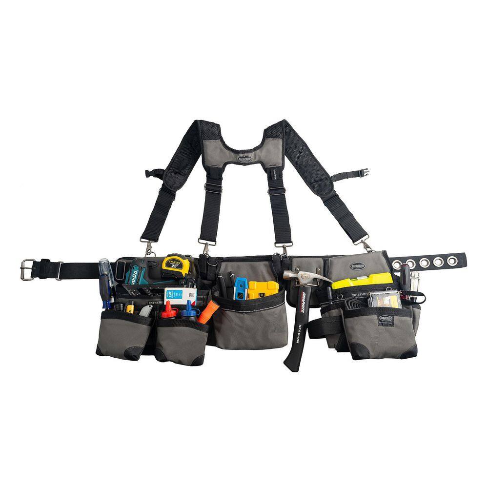 BUCKET BOSS 3-Bag Framer's Suspension Rig Work Tool Belt with Suspenders in Gray 55185