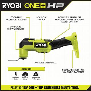 RYOBI ONE+ HP 18V Brushless Cordless Multi-Tool (Tool Only) with 4-Piece Wood Oscillating Multi-Tool Blade Set PBLMT50B-A24401