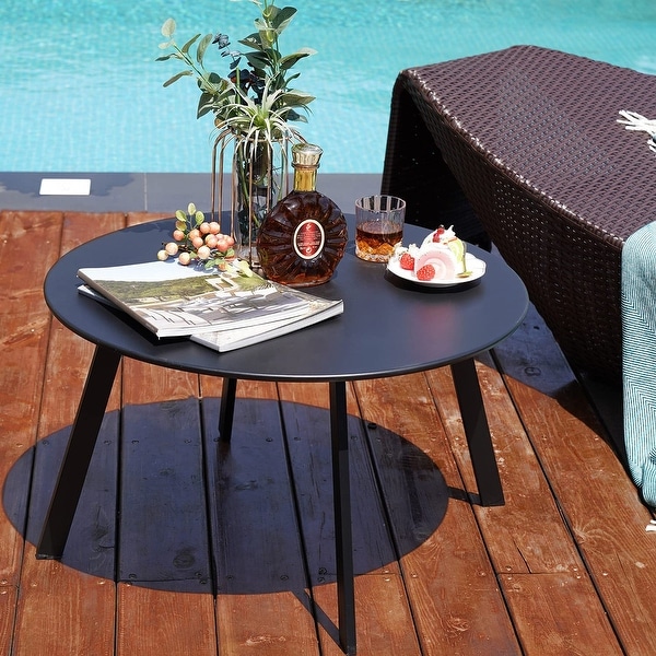 Black Round Steel Patio Outdoor End Table，Large Outside Side Table for Garden Balcony Yard