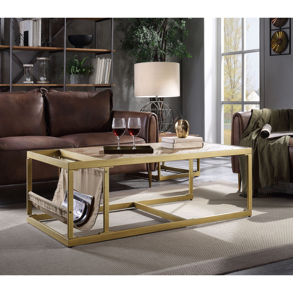 Unique Coffee Table  Golden Sled Base and Grain Leather Top With Magazine Holder   Contemporary   Coffee Tables   by Declusia  Houzz