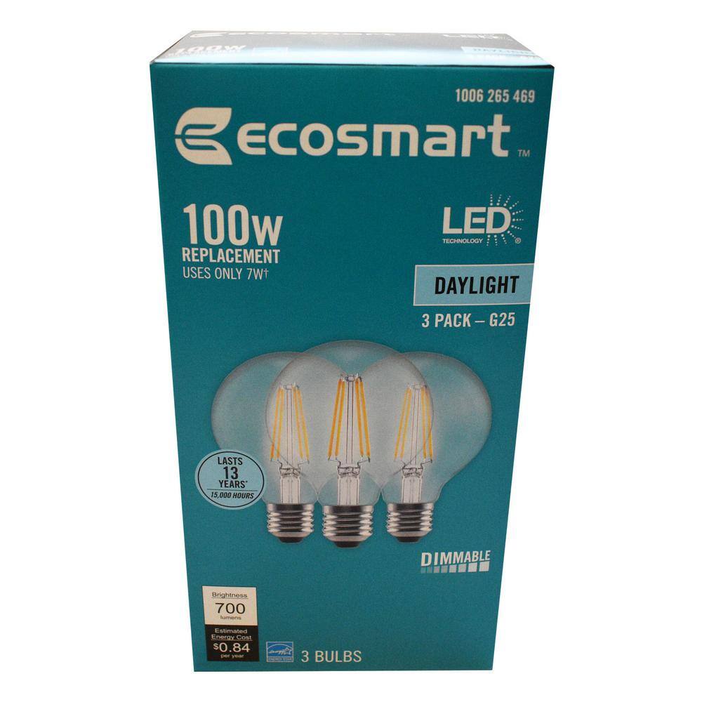 EcoSmart 100-Watt Equivalent G25 Dimmable Globe Clear Glass Filament LED Vintage Edison Light Bulb Daylight (3-Pack) FG-04214