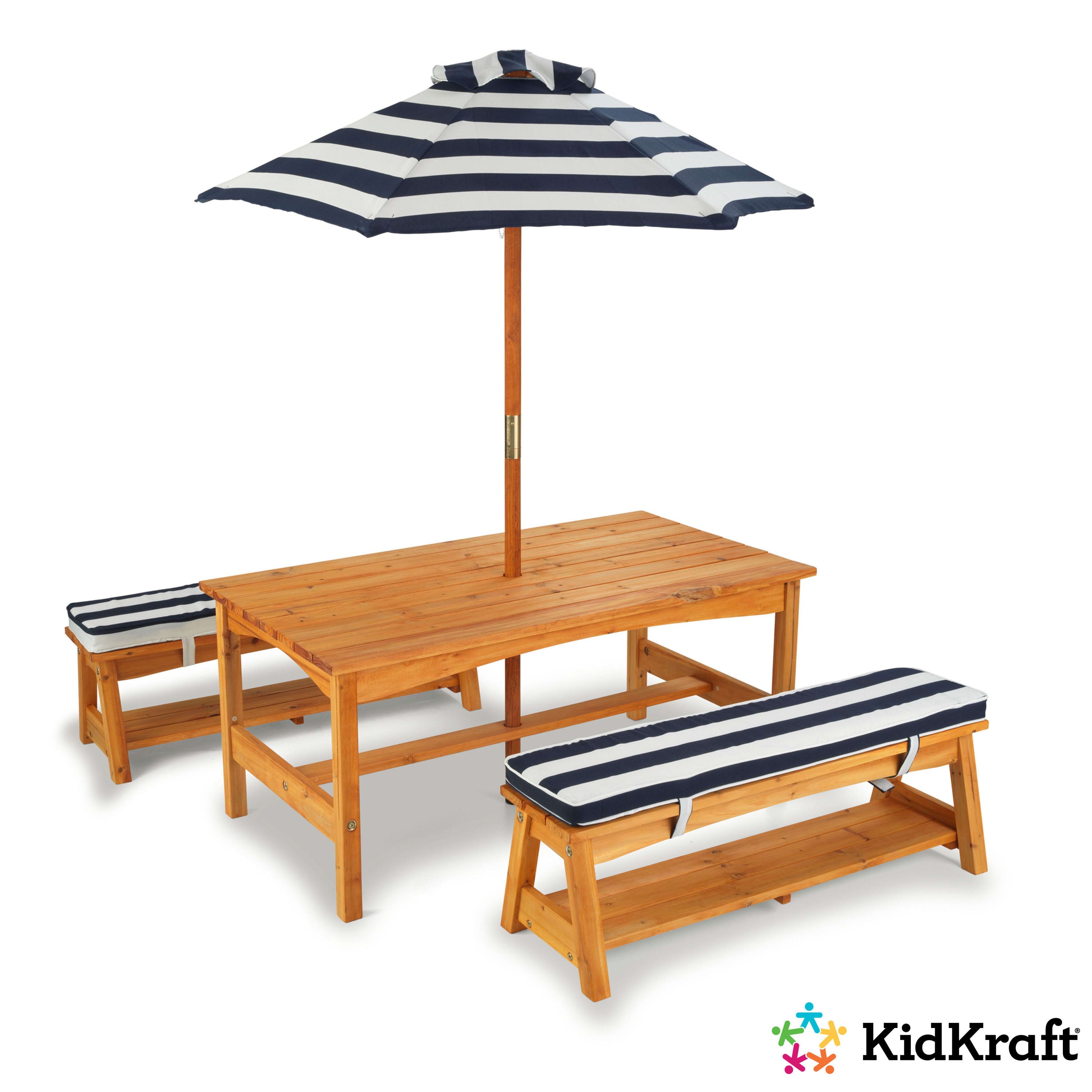 KidKraft Outdoor Wooden Table & Benches with Cushions & Umbrella, Navy