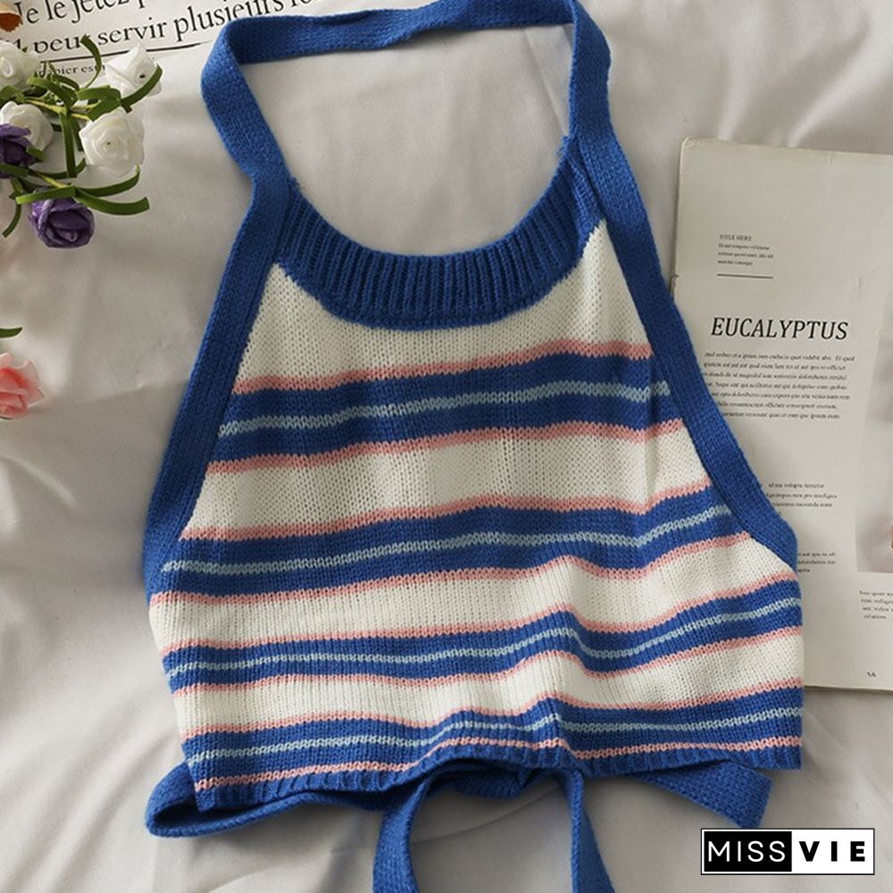 Sexy Halter Knitted Crop Tops Off Shoulder Bow Tie Tank Top Sleeveless Omighty Slim Fit Stripe Patchwork Camis For Women Hot