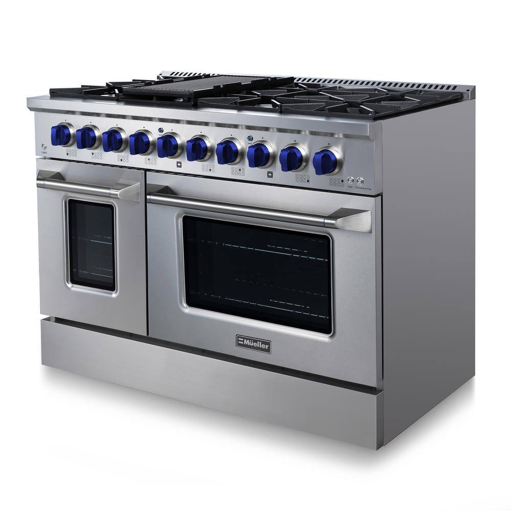 MUELLER 48 in. 6.7 cu. ft. Freestanding Double Oven Gas Range with 8 Burners and Griddle in Stainless Steel with Blue Knobs GR-670B