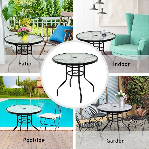 Costway 32'' Patio Round Table Tempered Glass Steel Frame Outdoor Pool