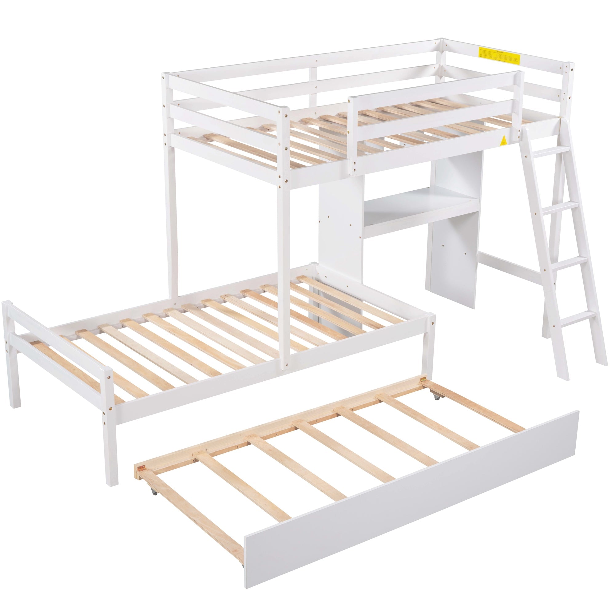 EUROCO Twin over Twin Bunk Bed with Desk and Trundle for Kids Bedroom, White