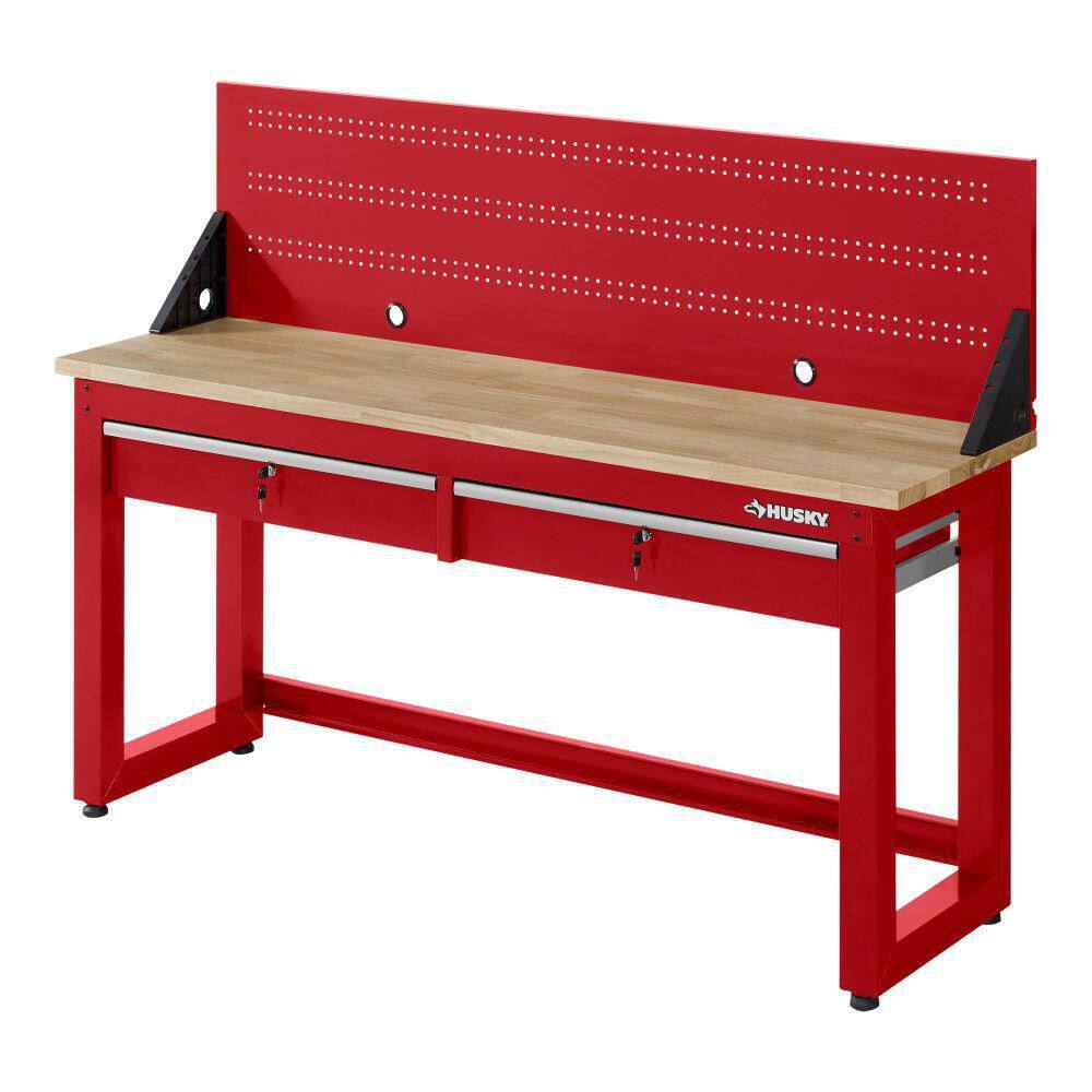 Husky Ready-To-Assemble 6 ft. Solid Wood Top Workbench in Red with Pegboard and 2 Drawers G7202SR-US