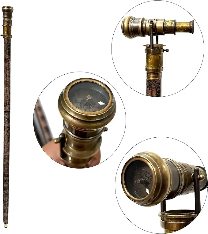 Nautical Vintage Brass Antique Telescope   compass Handle With Leather Wooden Walking Stick Unisex Foldable Wooden Walking Cane