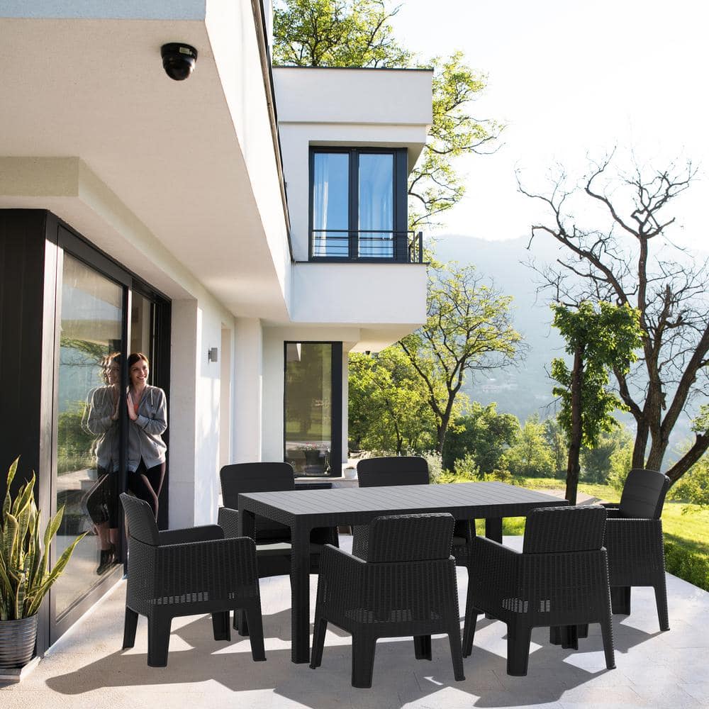 DUKAP LUCCA Black 7-Piece Plastic Outdoor Dining Set with Grey Cushions ODKLUC7-BLK-AB