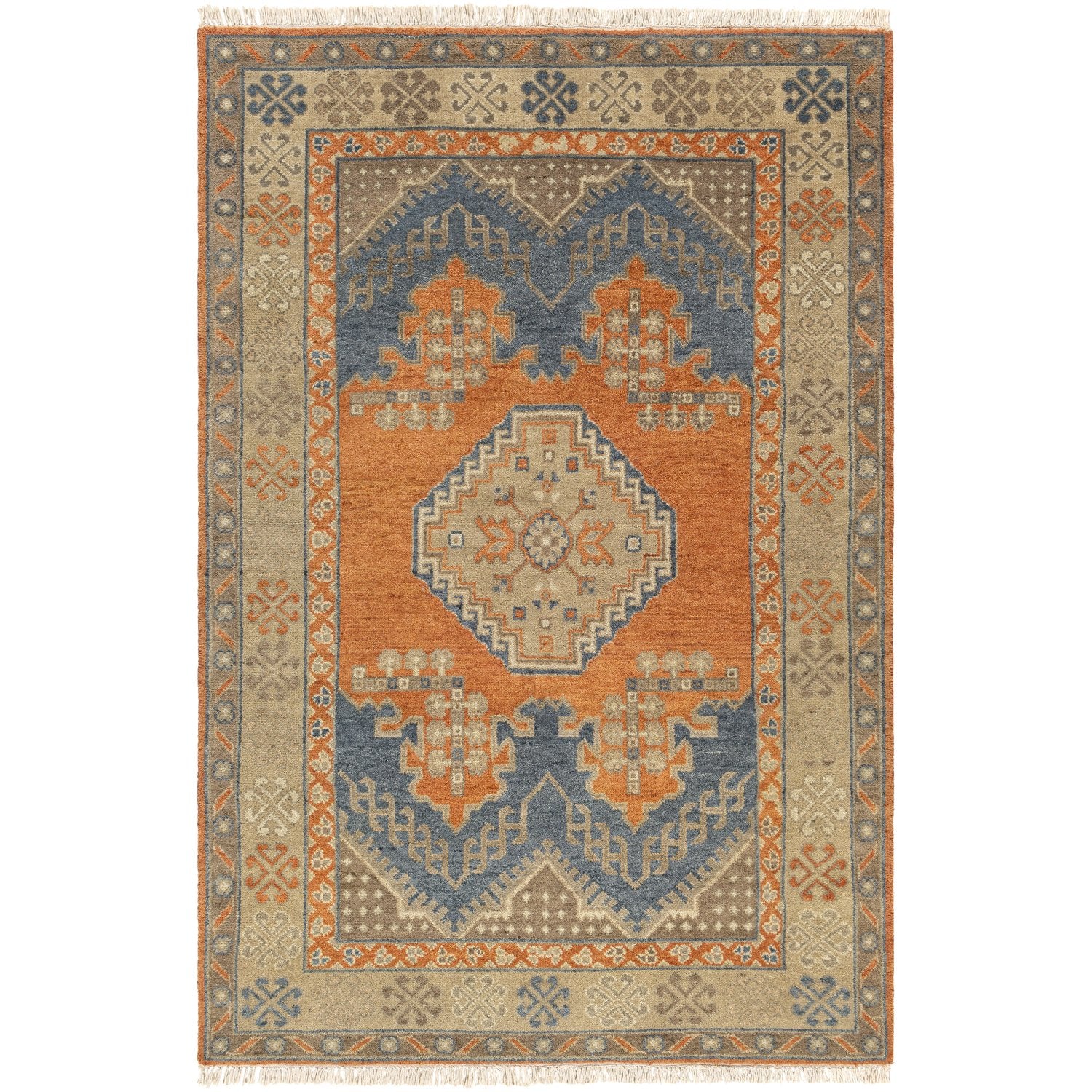 Isparta Hand Knotted Rug in Camel, Tan, Moss, Burnt Orange, Navy, Denim