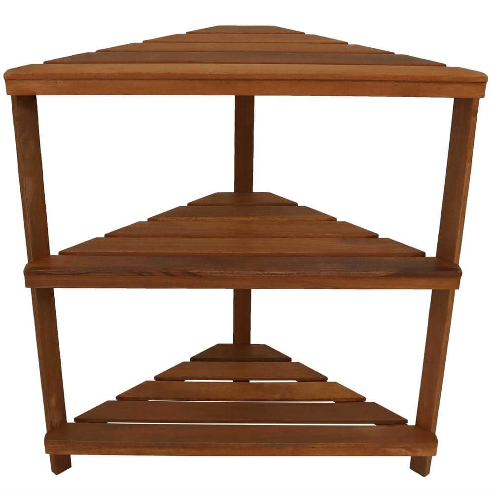 Sunnydaze Meranti Wood Teak Oil 3-Tier IndoorOutdoor Corner Plant Stand LAM-646