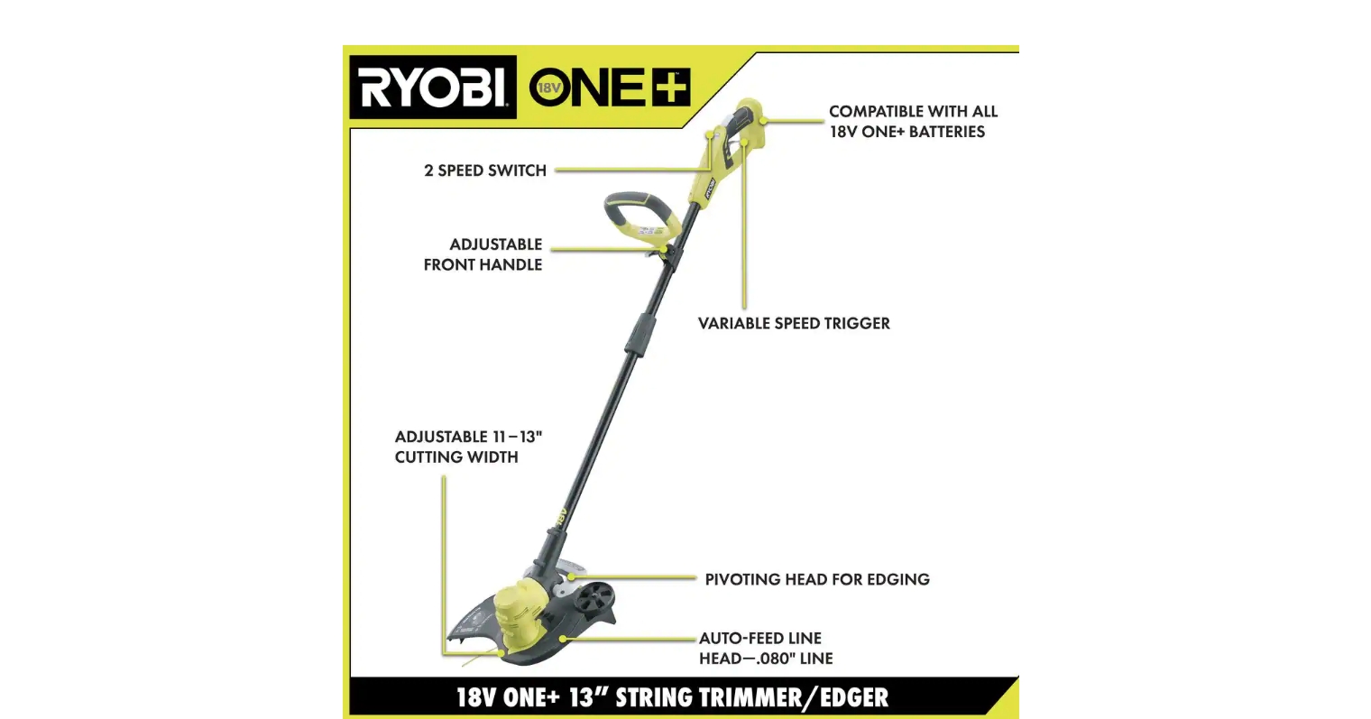 RYOBI P2080 ONE+ 18V 13 in. Cordless Battery String Trimmer/Edger with 4.0 Ah Battery and Charger