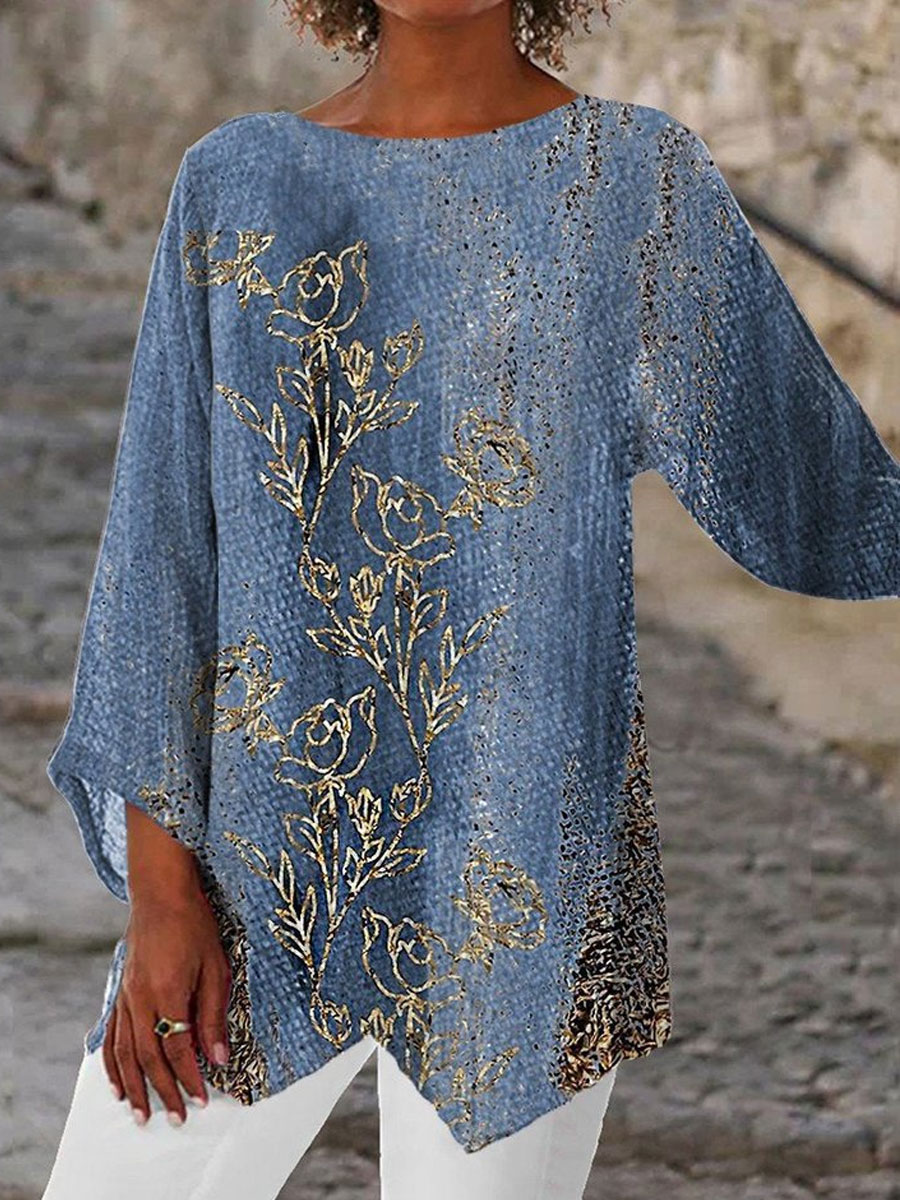 Round Neck Casual Loose Gold Silk Print Long Sleeve Blouse