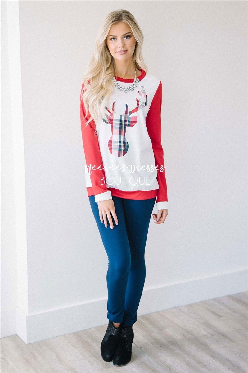 Red Sleeve Plaid Reindeer Sweater