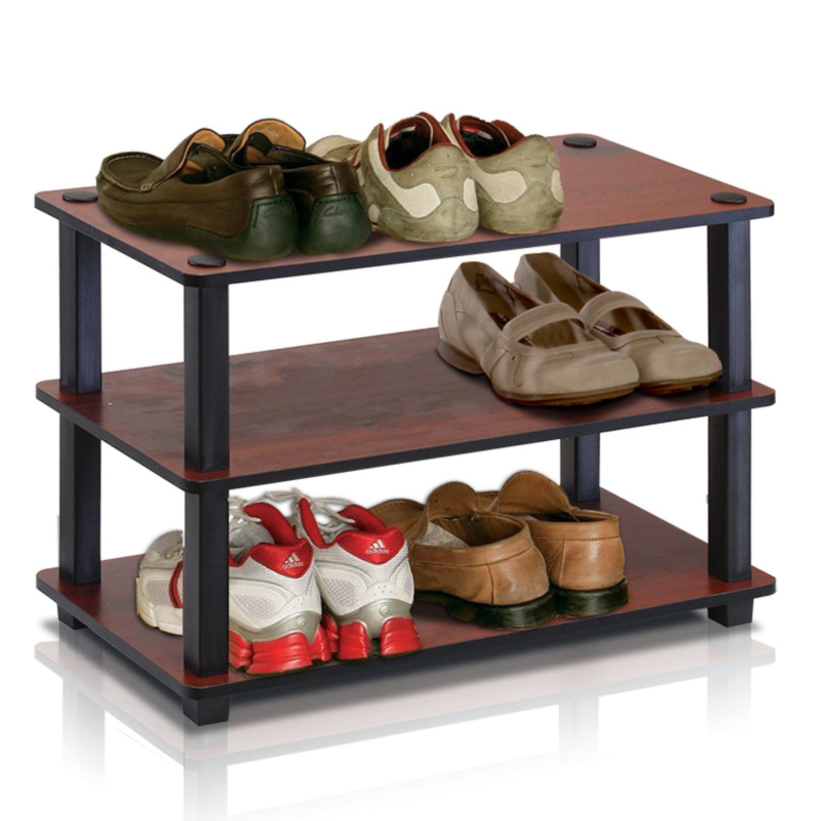 Furinno 3-Tier Turn-S-Tube No-tools Durable Shoe Rack， Plastic and Wood， Dark Cherry and Black