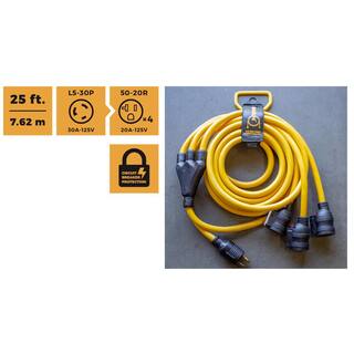 FIRMAN 25 ft. 125-Volt 30 Amp L5-30P to 3 Multi-Directional 5-20R Outlets Generator Power Extension Cord with Storage Strap 1105