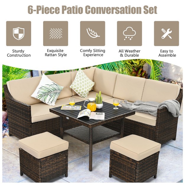 Costway 6pcs Patio Rattan Dining Sofa Furniture Set Ottoman Table Lower Shelf