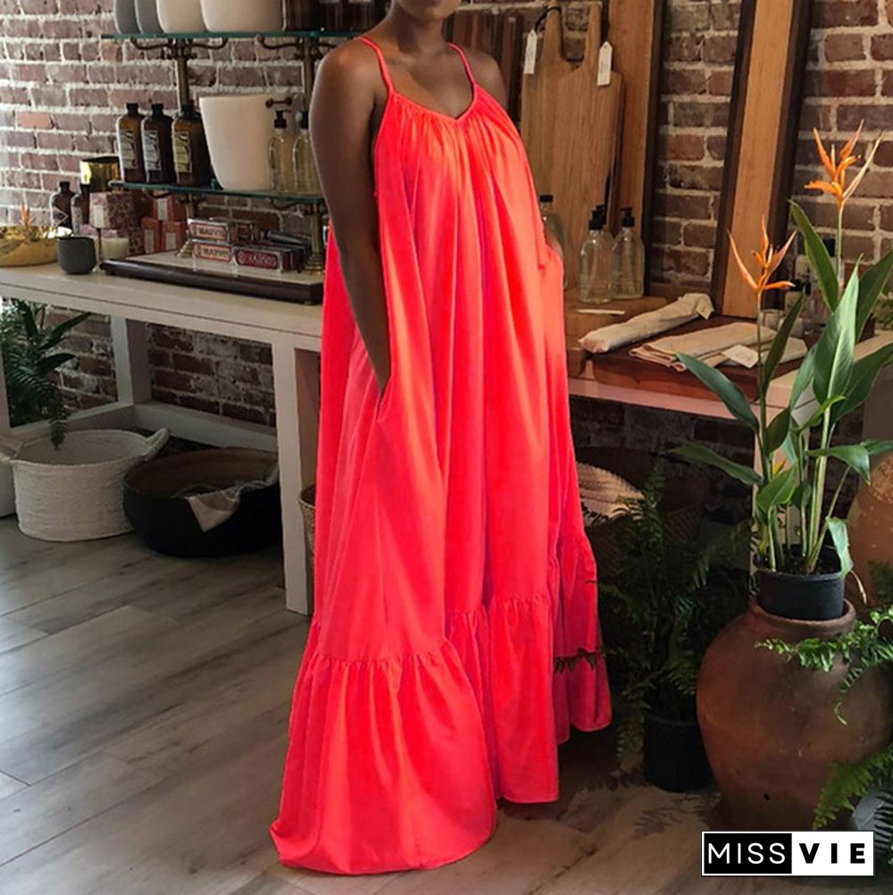 New Women Camisole Oversized Fashion Casual Sleeveless Maxi Dresses Strap Dress Backless Big Swing Floor-Length Robe