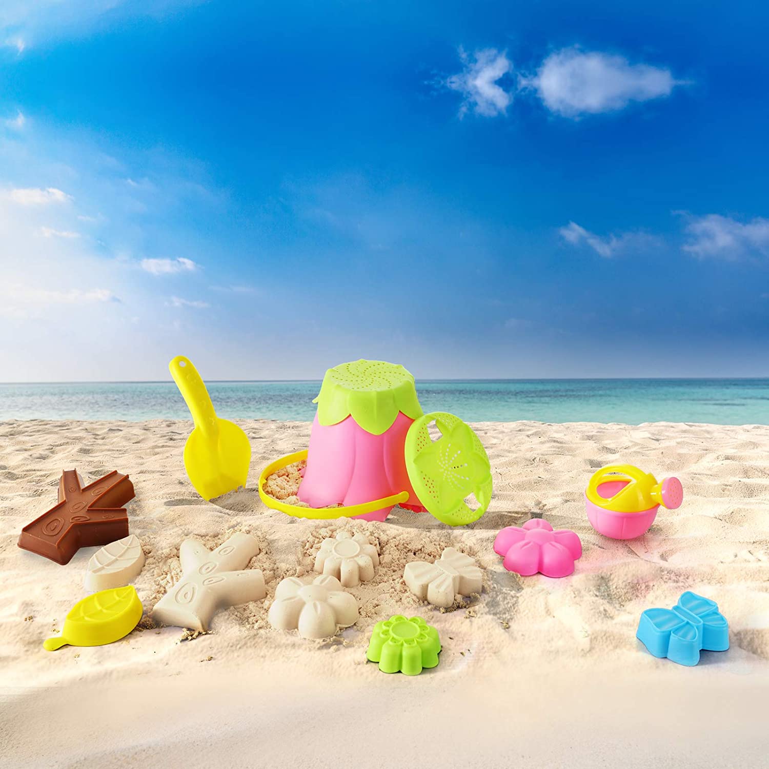 Beach Sand Toys Sandbox Toys for Girls Kids Toddlers,Flower Shape Sand Molds,Beach Bucket,Watering Can,Shovel,Sifter Kids Outdoor Toys Set