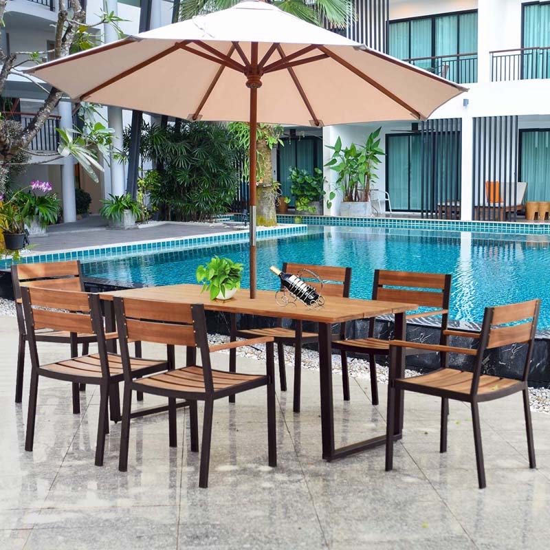 7 Pcs Patented Patio Dining Set with Umbrella Hole & Acacia Wood Top, Outdoor Dining Table Set for Backyard Garden