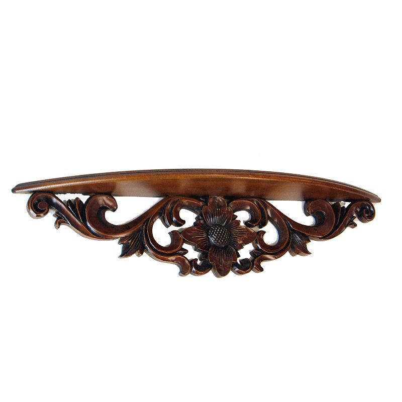 Hand Carved Wooden Moonbay Wall Shelf in Floral Design， Brown