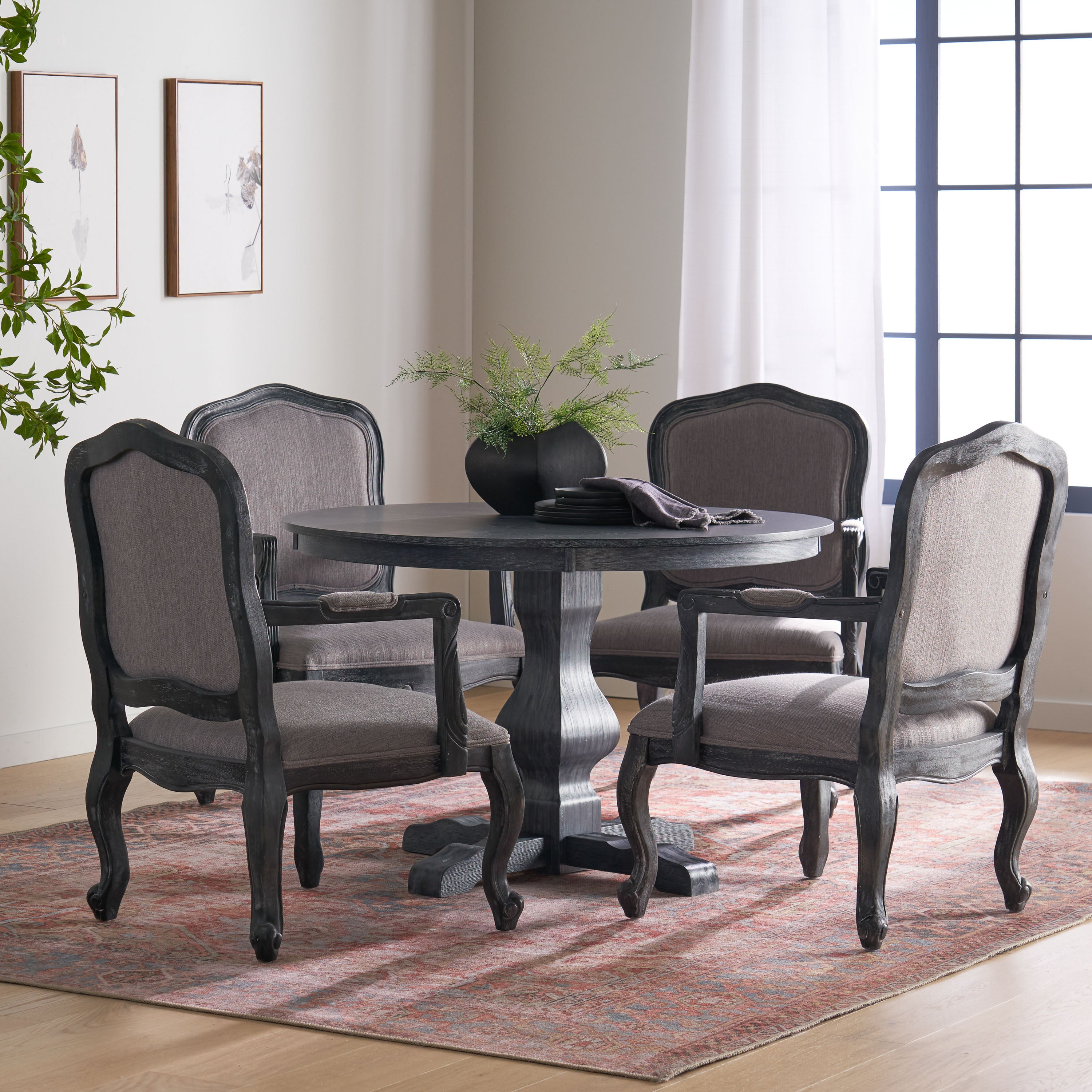 Absaroka French Country Fabric Upholstered Wood 5 Piece Circular Dining Set