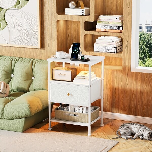 White Nightstand with Charging Station and LED Light for Bedroom Bedside with Adjustable Fabric Drawer 3Tier End Table