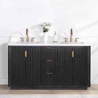 ROSWELL Cádiz 60 in. W x 22 in. D x 34 in. H Free-standing Double Bathroom Vanity in Fir Wood Black with White Composite Top 804160M-FB-LWN