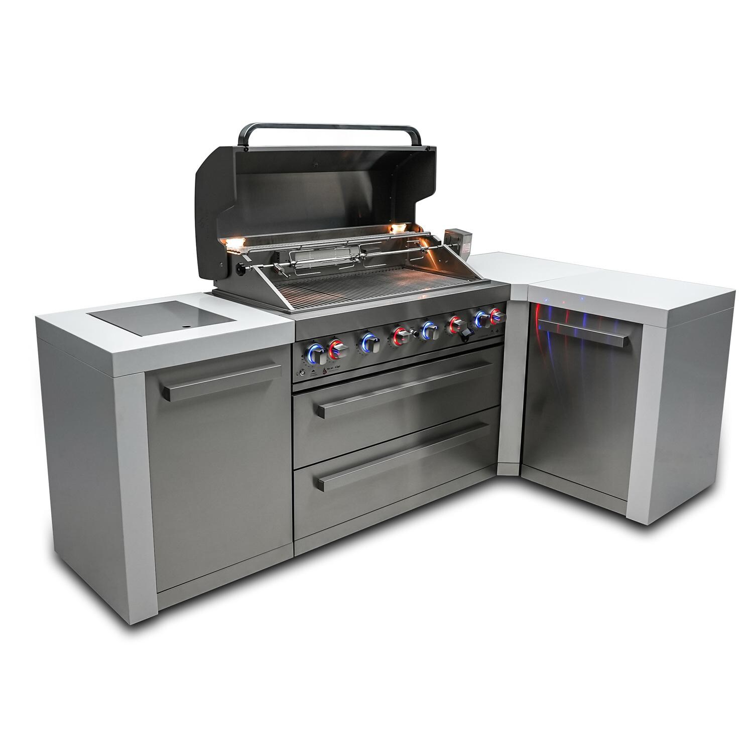 Mont Alpi 805 Deluxe 90 Degree Propane Gas Island Grill W/ Infrared Side Burner and Rotisserie Kit