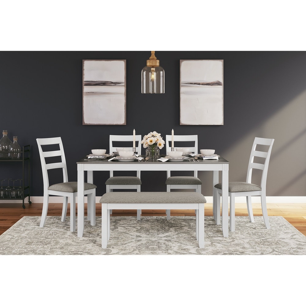 Signature Design by Ashley Stonehollow White and Gray Dining Table and Chairs with Bench (Set of 6)