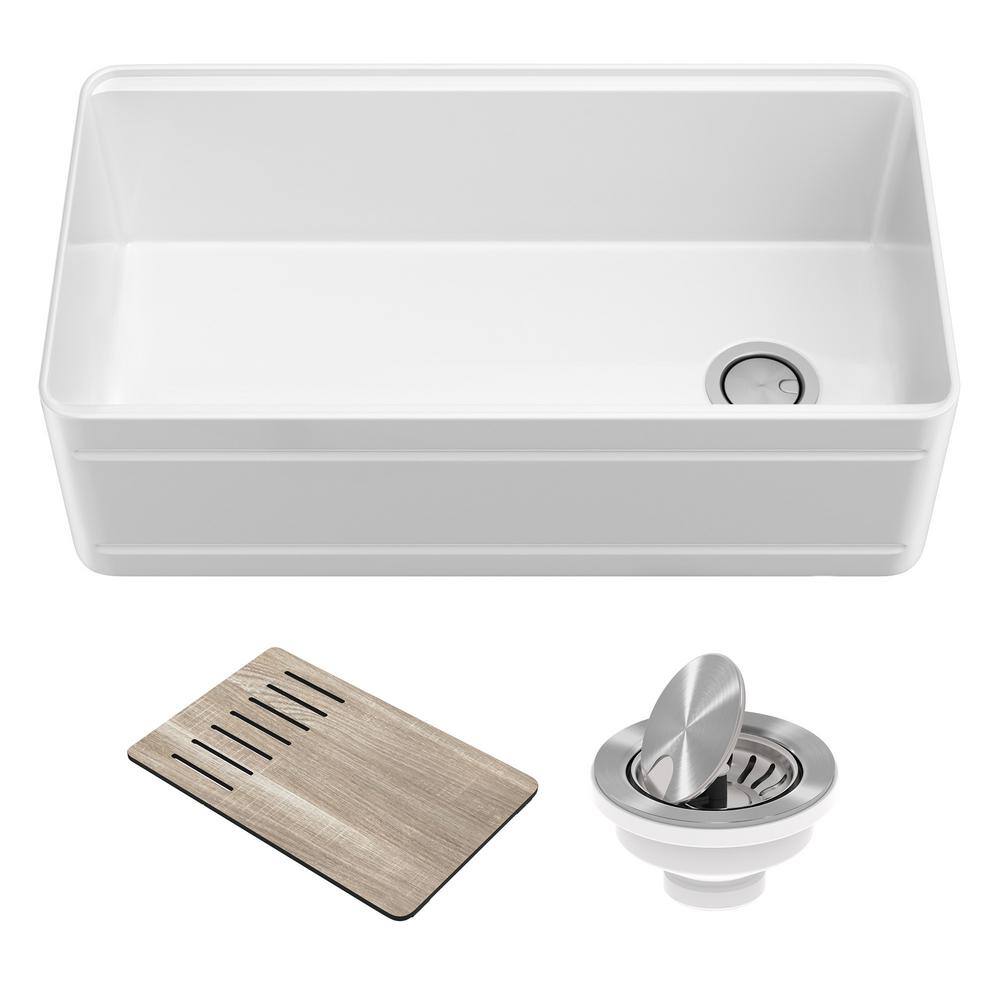 KRAUS Turino Gloss White Fireclay 33 in. Single Bowl Farmhouse Apron Workstation Kitchen Sink with Accessories KFR4-33GWH