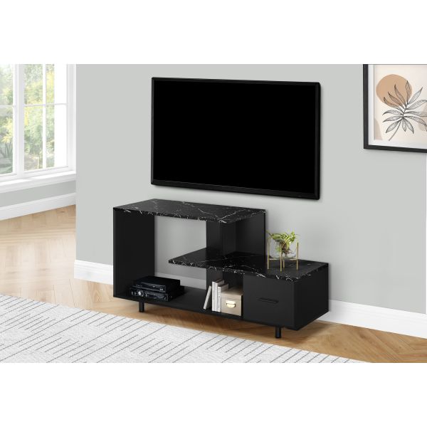 Tv Stand， 48 Inch， Console， Media Entertainment Center， Storage Drawer， Living Room， Bedroom， Black Marble Look Laminate， Contemporary， Modern