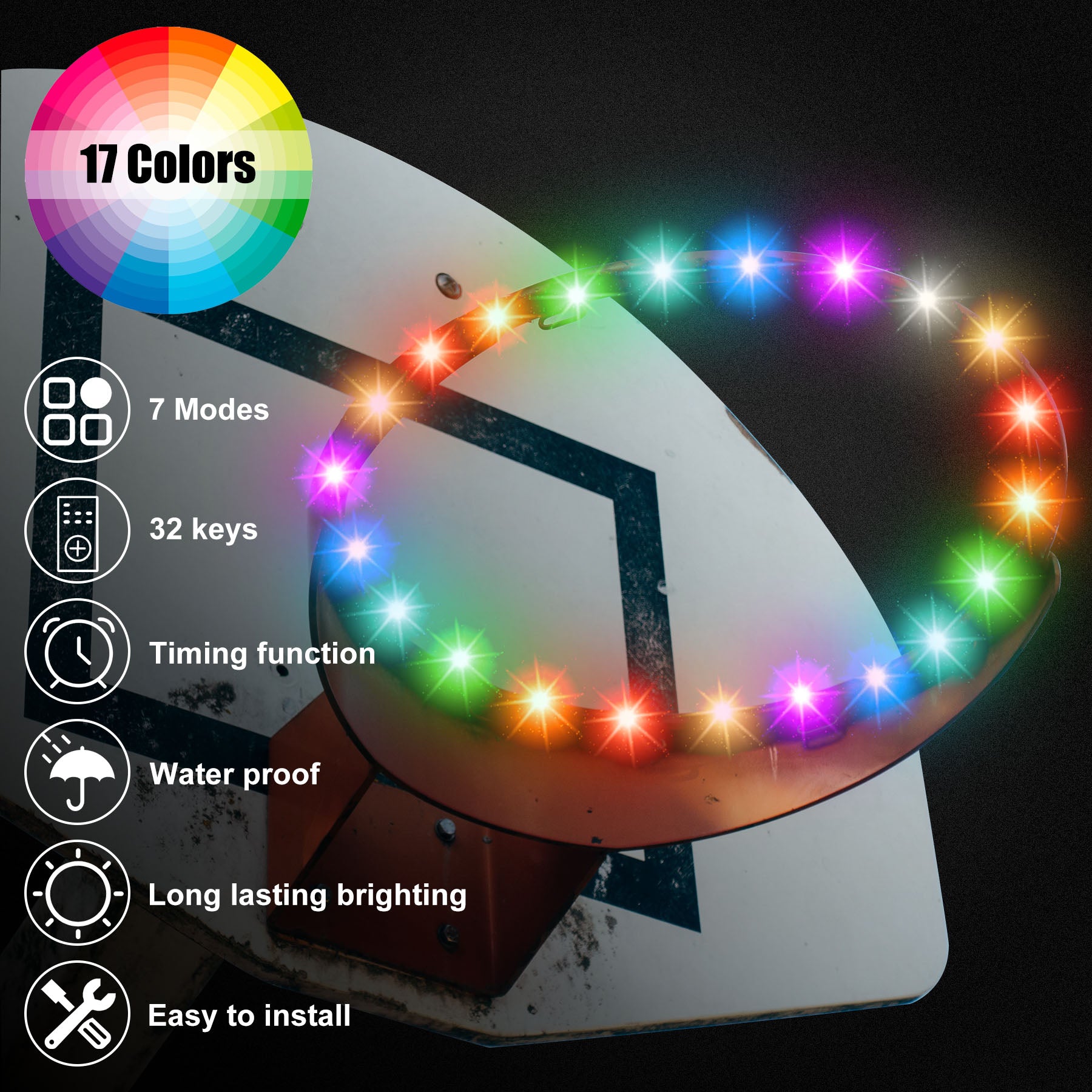 Qnbes LED Basketball Hoop Light， Remote Control Light Up Basketball Rim Light Waterproof Basketball Hoop 17 Color Gift for Kids Adults