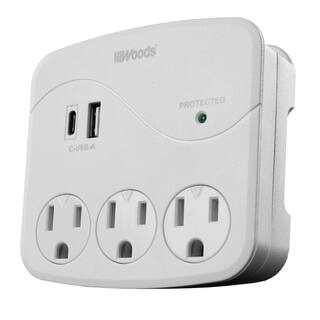 Woods 3- Outlet Surge Wall Tap with Phone Cradle and USB ports 41030