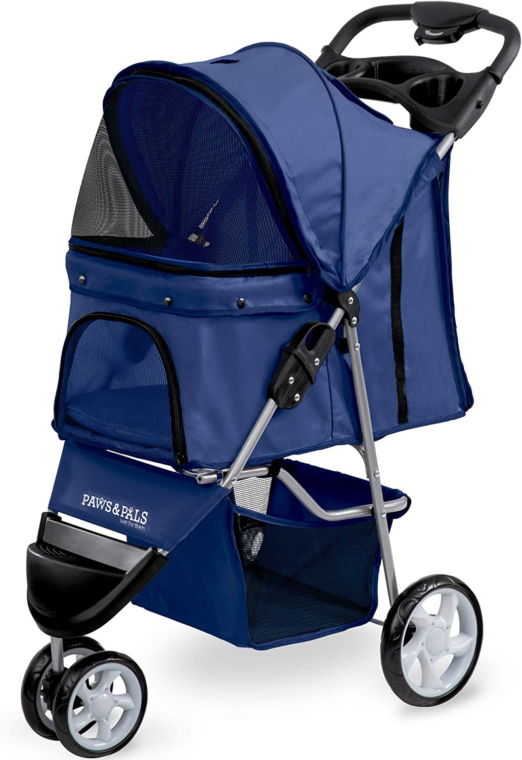 Paws and Pals Pet Stroller for Cats and Dogs Folding 3-Wheel Carrier Jogger (Blue) (Small)