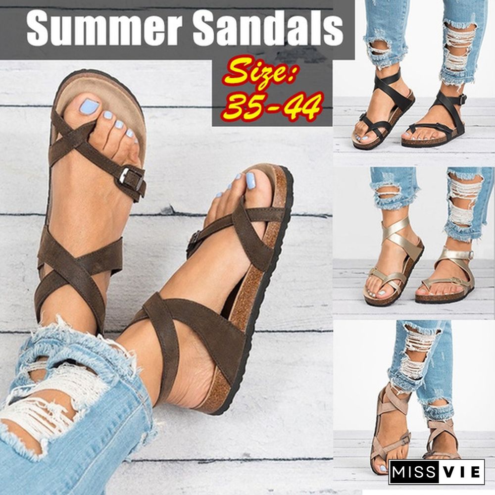 Fashion Cork Sandals Women Summer Buckle Strap Solid Beach Slipper Flip Flops Sandals Flat Shoes Plus Size 35-44