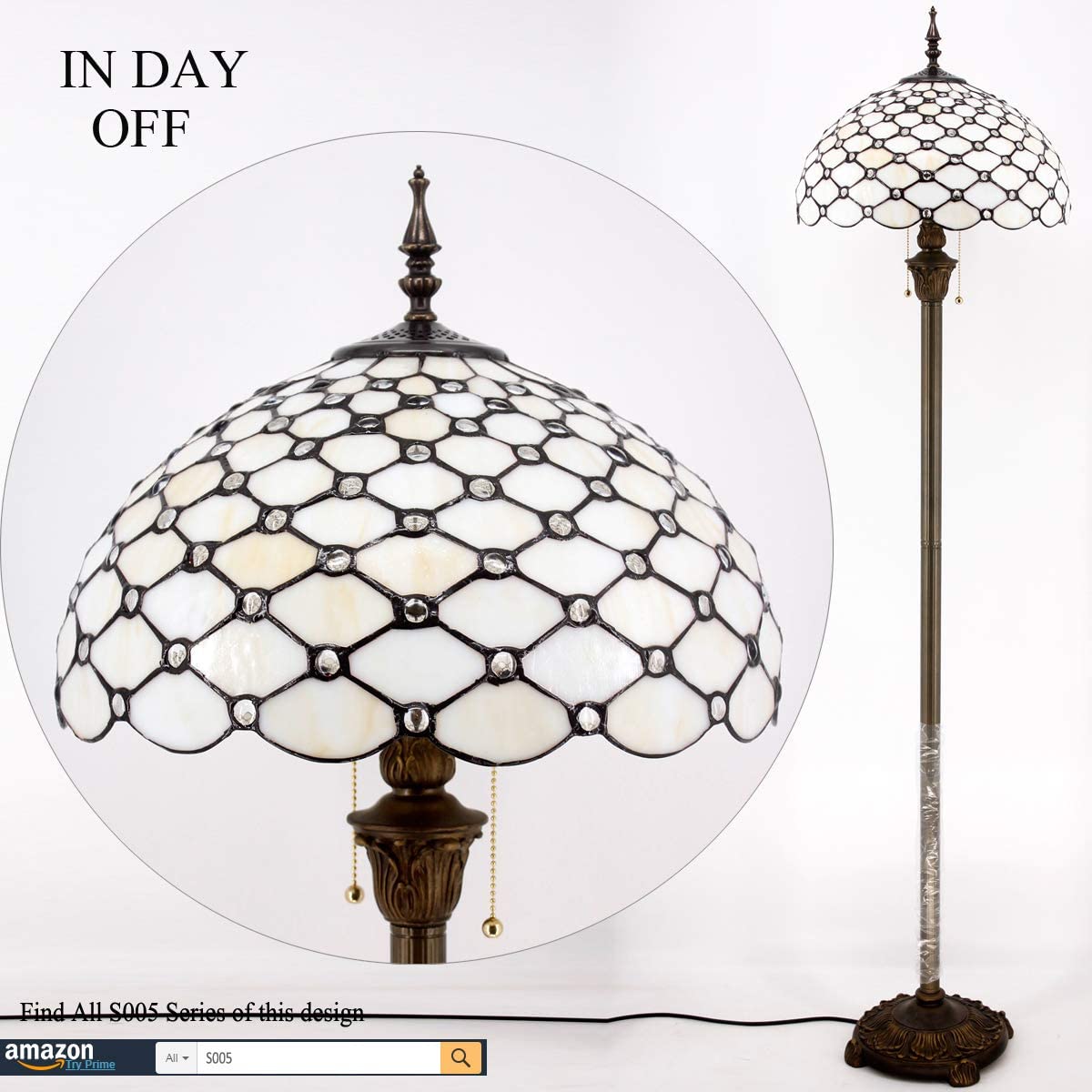 BBNBDMZ Tiffany Floor Lamp Cream Amber Stained Glass Bead Standing Reading Light 16X16X64 Inches Antique Pole Corner Lamp Decor Bedroom Living Room  Office (LED Bulb Included) S005 Series